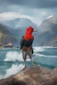 Placeholder: full body, head to toe, 3D, an anthropomorphic woodpecker named Steve, with short, pixie-cut, (((red hair))) tapered on the sides - full color - 32k, UHD, 1080p, 8 x 10, glossy professional quality digital photograph - raging sea and mountains and a ship in the background, historic, powerful, exquisite detail, sharp - focus, ((skin details, high detailed skin texture))