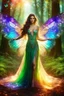 Placeholder: Gorgeous Photography Realistic Natural Beautiful Angel woman straddle wings with gown shiny brown flowing hair, glitter colorful butterfly wings, lovely glowing green eyes, surrounded by magical colorful forest and flickering lights, digital photography, kaleidoscope, vibrant colors, vivid colors, colorful,she wak in magic forest full sparkling light