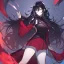 Placeholder: Clear focus, High resolution, rough line sketch art, long black hair, hair between eyes, fluffy hair, purple eyes, wearing a black and red kimono with a black short skirt, dark aura