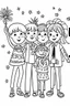 Placeholder: HAPPY NEW YEAR coloring page for kids, HAPPY NEW YEAR CELEBRATION FAMILY thick outline, low details, no shading, no color