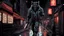 Placeholder: Werewolf with a Chinese menu in his hand, walking through the streets of Soho in the rain. There is a neon sign in the background on a restaurant that says "Lee Ho Fuk's. Illustration.