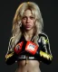 Placeholder: portrait, Shakira, blonde artist, angry, Realistic image, MMA robe, hoodie, mma gloves, loose long hair, eyes make up, gold line make up, moisture, sweat, fog, Neon colors, leds. Dark background, photo studio, concept art, smooth, unreal engine 5, god lights, ray tracing, RTX, lumen lighting, ultra detail, volumetric lighting, 3d, finely drawn, high definition, 4k.